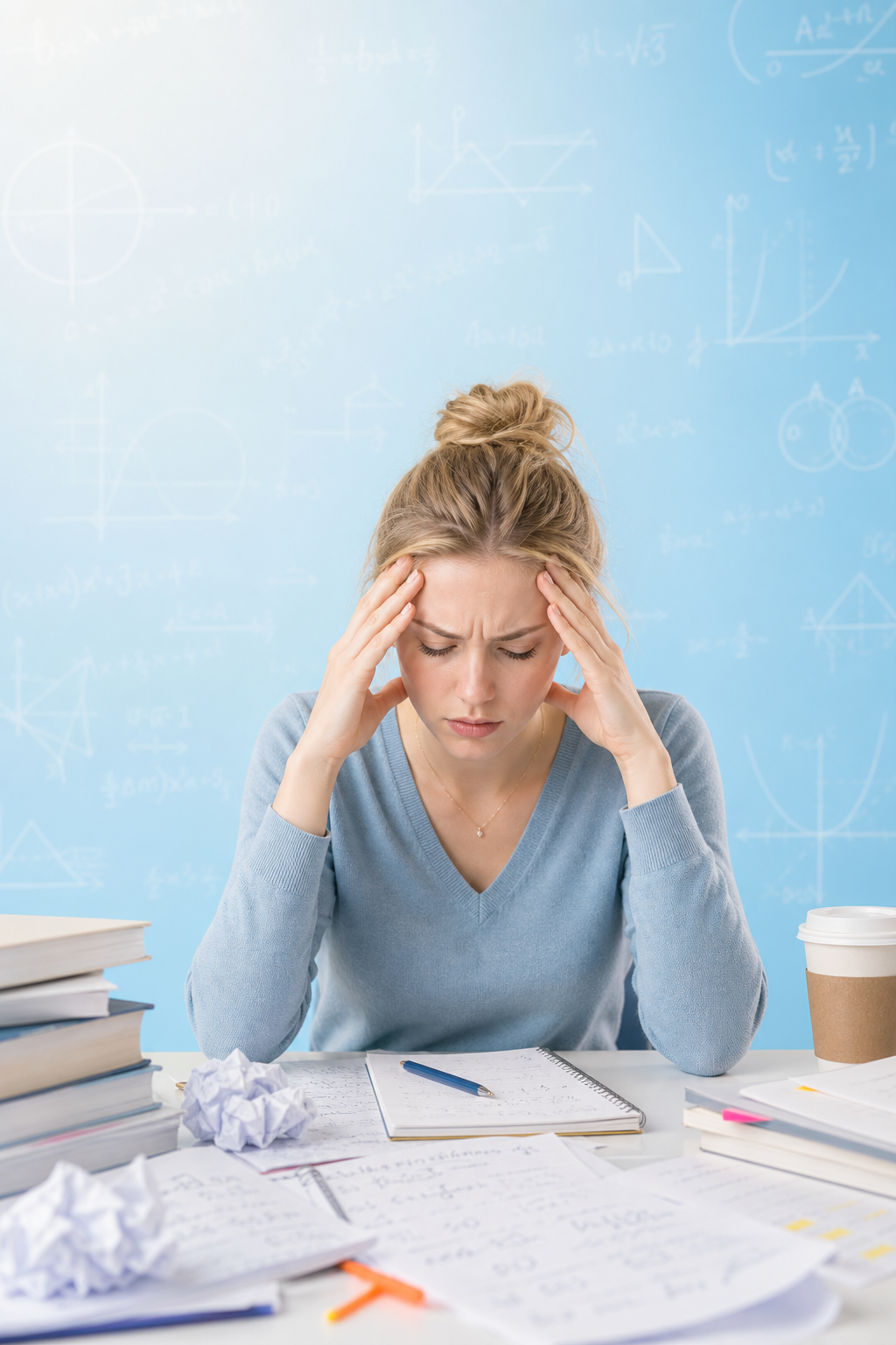 An adult student looking stressed while sorting through exam papers