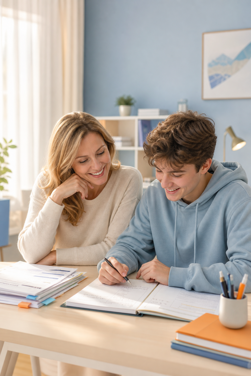 A parent and student reviewing exam papers together with relief